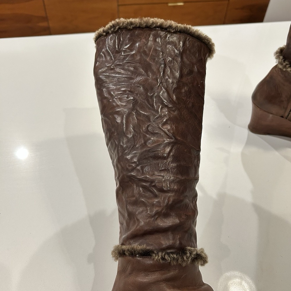 Henri Cuir Long Boots Rare Brown Leather Side Zip Fur Trim Wedge Heel Size 7 38 - Picture 4 of 13